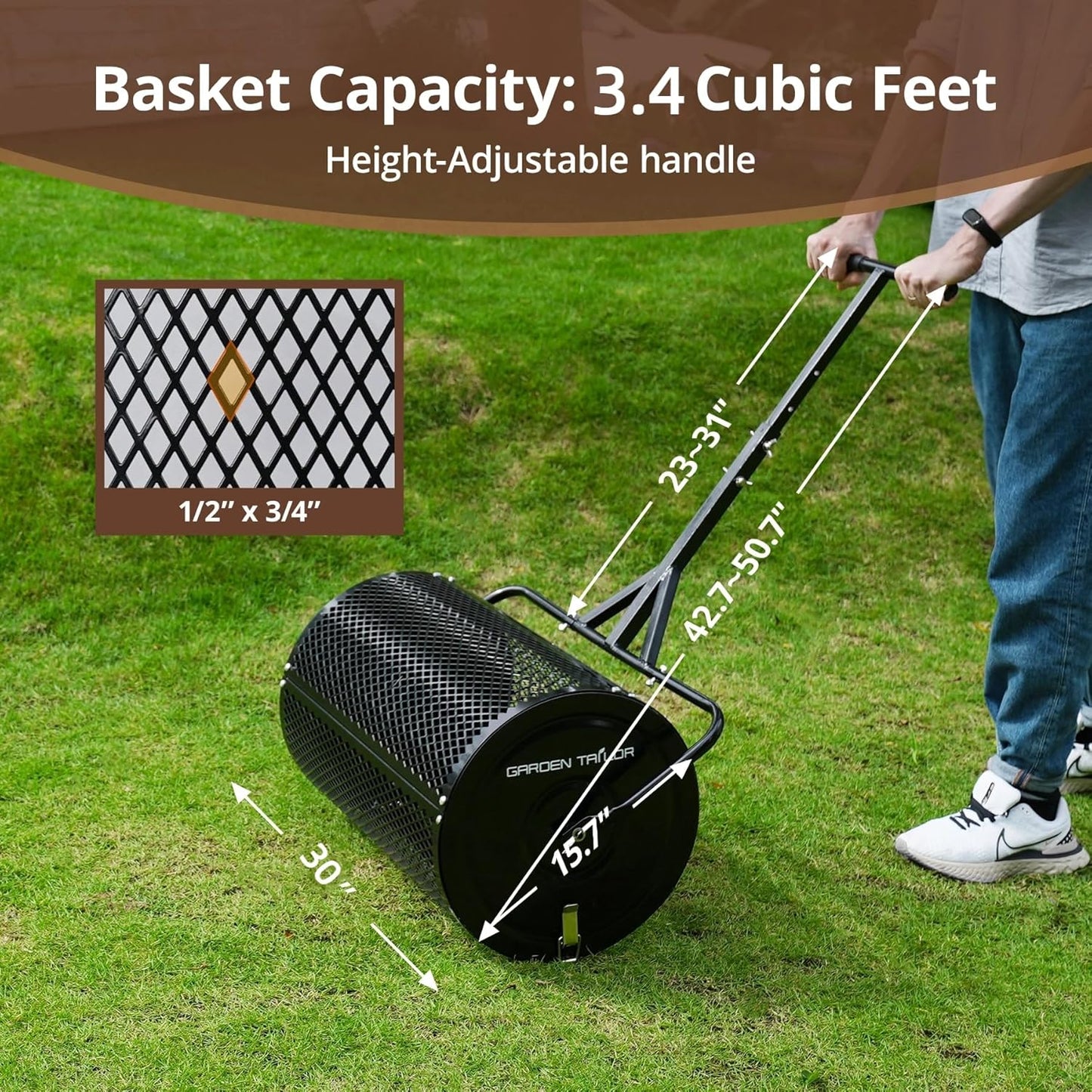 Compost Spreader 30 Inch Peat Moss Spreader with Installation Support Accessories, Metal Mesh Roller Lawn Spreader for Top Soil, Manure, Mulch, Top Dressing - Garden spreaders for lawns