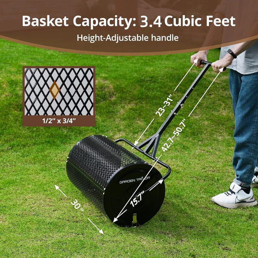 Compost Spreader 30 Inch Peat Moss Spreader with Installation Support Accessories, Metal Mesh Roller Lawn Spreader for Top Soil, Manure, Mulch, Top Dressing - Garden spreaders for lawns