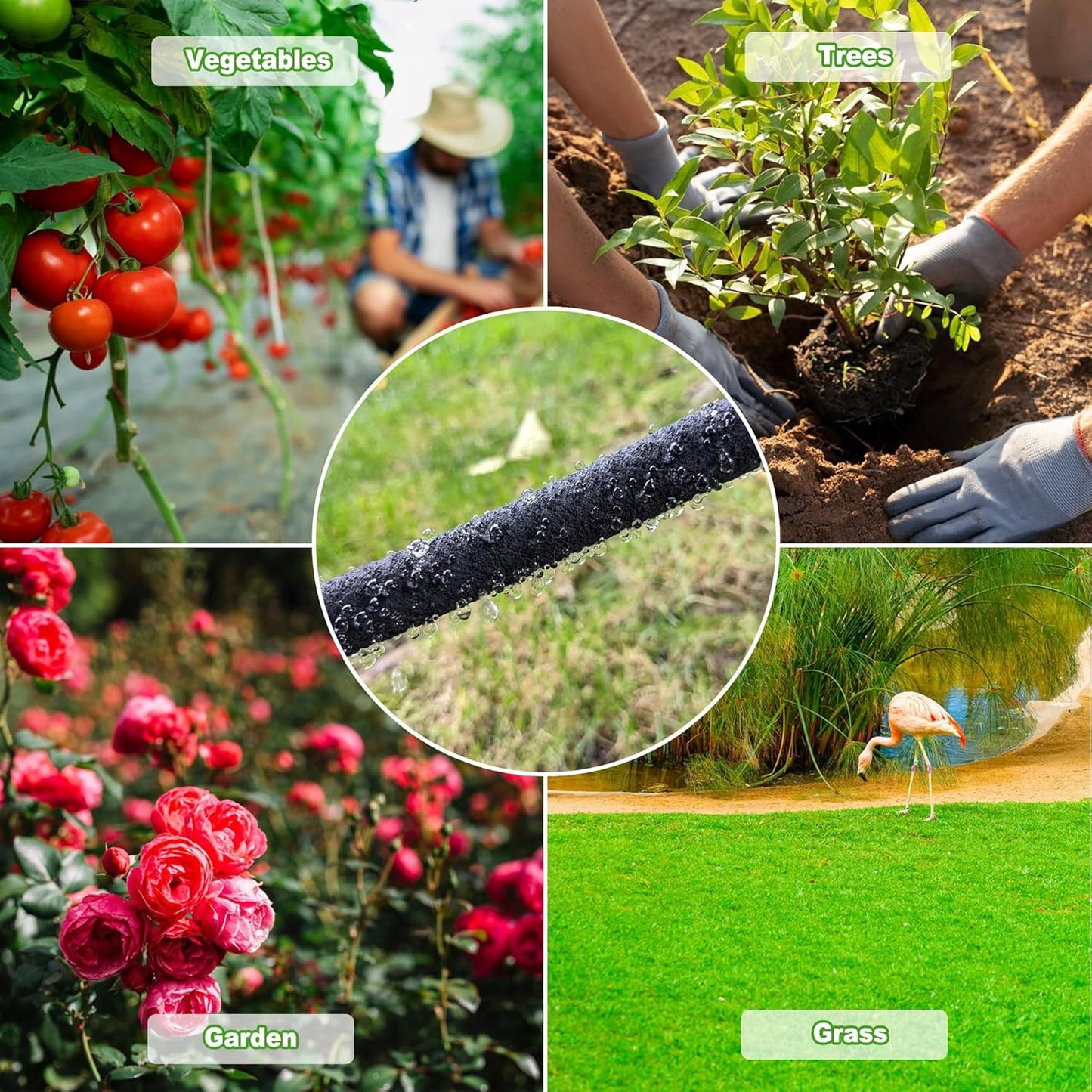 Customizable Soaker Hose System, 1/2inch 50ft Rubber Hose with 25ft PVC Garden Hose, Drip Irrigation Watering Hose with Reinforced Fittings for Flowers Bed Foundation, Lawn, Vegetable, Tree