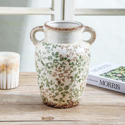 Enra Farmhouse Vintage vase with Handle,9.4 in Ceramic Chinoiserie Floral Vase,Green and Beige Decorative Flower vase,Large Rustic Vases for Home Decors, Living Room, Bookshelf, Office