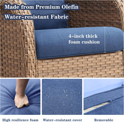 Wicker Outdoor Furniture Patio Furniture Set - 6 Piece Patio Conversation Set with Swivel Rocker Chairs, Rattan Sofa, Ottomans and Coffee Table, Blue Cushion