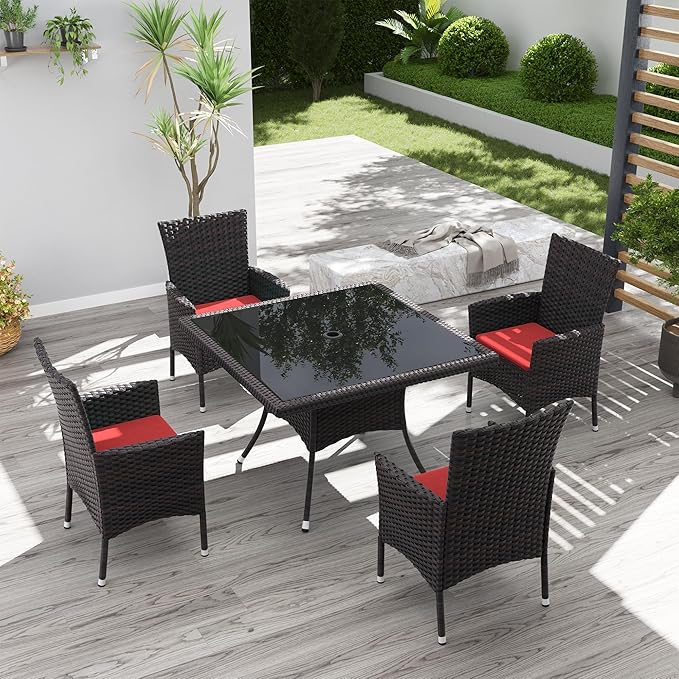 Kurapika 5-Piece Patio Furniture Outdoor Dining Set, Wicker Rattan Patio Dining Table and Chairs Set, Square Tempered Glass Tabletop with Umbrella Hole and 4 Chair Set, Red