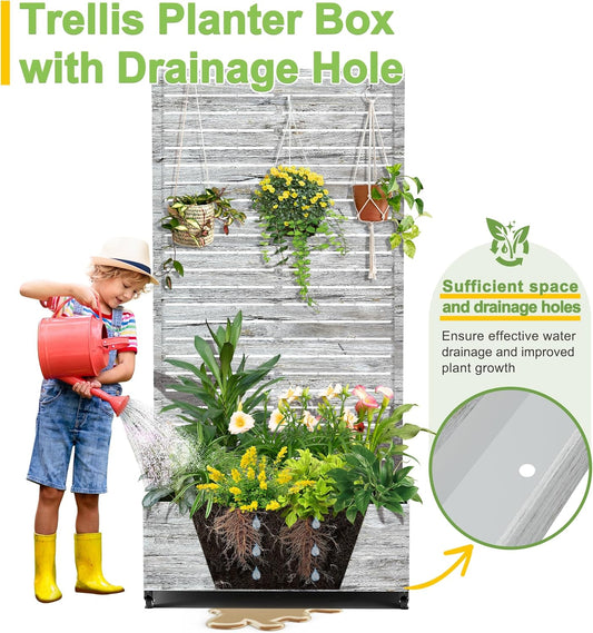 FENCY Metal Raised Garden Bed with Wheels and Trellis,73"x35"x16" Planter Box for Climbing Plants, Vegetables & Vines, Features Privacy Screen and Drainage Holes (White Wood Color)