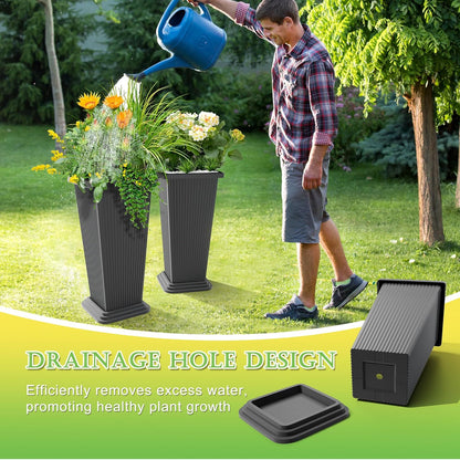 Set of 2 Tall Planters, 24" Large Indoor Outdoor Flower Pots with Tray, Modern Tapered Planters for Porch, Patio, Garden, Backyard