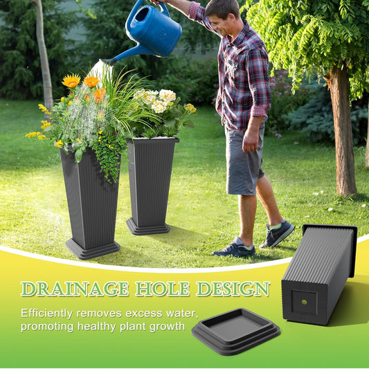 Set of 2 Tall Planters, 24" Large Indoor Outdoor Flower Pots with Tray, Modern Tapered Planters for Porch, Patio, Garden, Backyard
