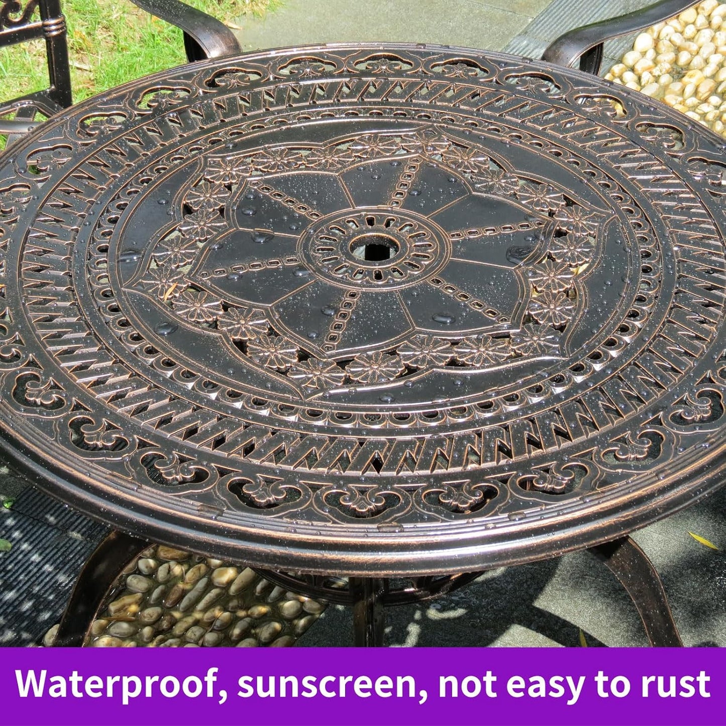 Outdoor Table Cast Aluminum Round Patio Table with Umbrella Hole All Weather Outdoor Dining Table for Lawn Garden Backyard (100cm Orchid Round Table)