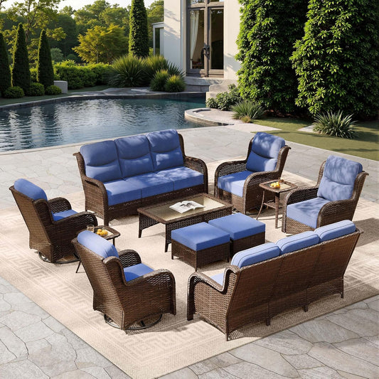 HILLGA Luxury Patio Furniture Set with 6-Inch Thick Cushions, High Back Outdoor Swivel Rocker Chairs and Patio Couch, 11-Piece All Weather Conversation Set for Porch Deck Pool Yard, Blue (V3)
