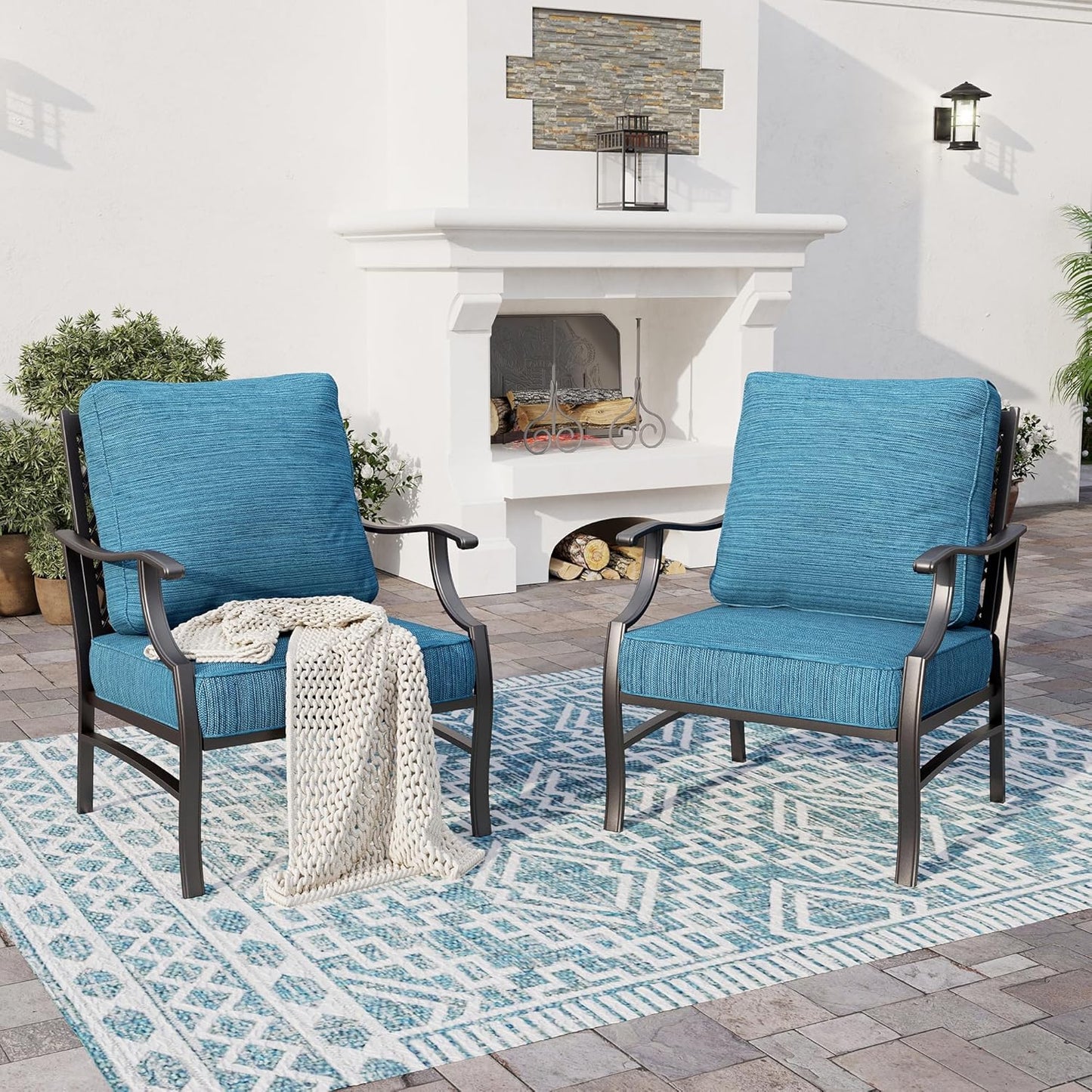 Metal Patio Chairs Set of 2 with 5.75" Extra Thick Cushion, 2 Pieces High Back Outdoor Patio Chairs All Weather Outdoor Furniture Seating for Deck Backyard Balcony Front Porch, Blue-2