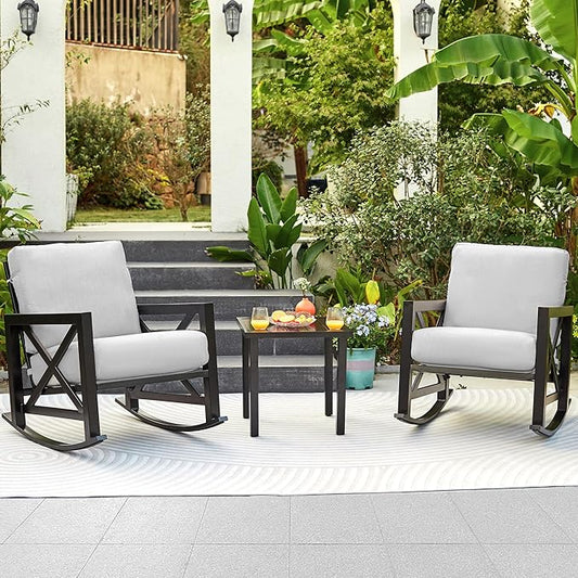 NATURAL EXPRESSIONS Patio Rocking Bistro Set, 3 Piece Outdoor Conversation Furniture Set with 2 Rockers and 1 Metal Coffee Table with Thick Cushions,2 Pack Patio Chair Covers Included