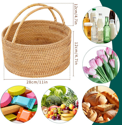 11"×11"×5" Rattan Picnic Basket with Handles, Large Round Gift Basket, Hand-Woven Basket for Fruit, Empty Gift Basket for Festival, Wedding, Camping