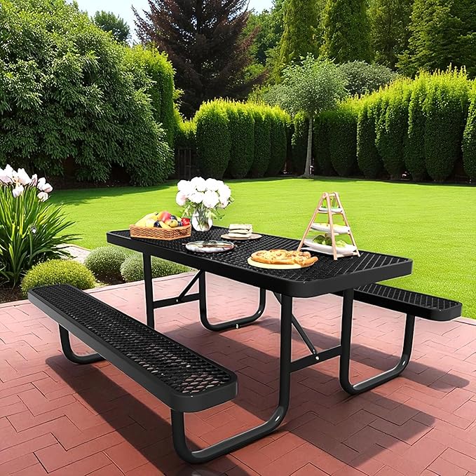 6FT Rectangular Steel Outdoor Picnic Table,Commercial Black Picnic Table Bench Set with Umbrella Hole, Weather-Resistant Heavy Duty School Dining Table for Patio, Garden, Backyard