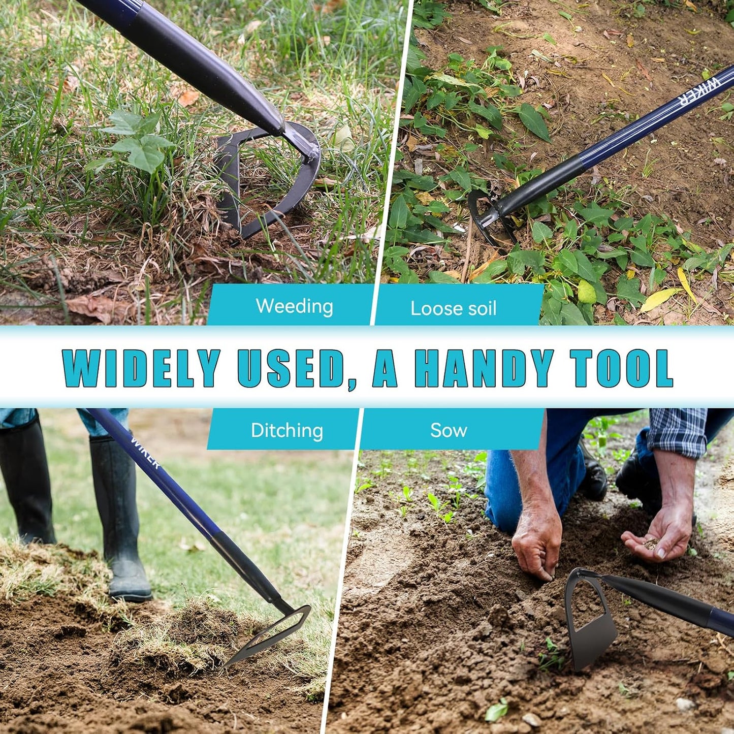 WIKER 58 Inch Heavy Duty Garden Hoe with Blue Fiberglass Handle, Weeding Hoe Garden Tool for Gardening