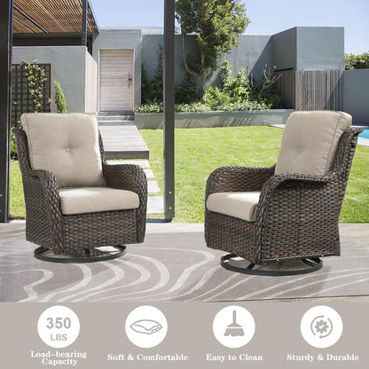 Wicker Outdoor Furniture Patio Furniture Set - 6 Piece Patio Conversation Set with Swivel Rocker Chairs, Loveseat Sofa, Ottomans and Coffee Table, Beige Cushion