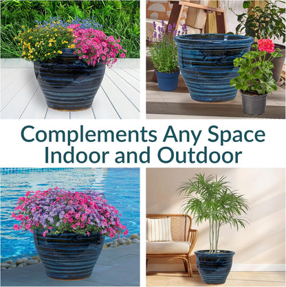 Sunnydaze Studio Large Ceramic Plant Pot - Round Outdoor Glazed Ceramic Planter Pot with Drainage - Galaxy Blue - 18.5"