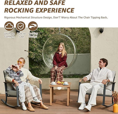 NATURAL EXPRESSIONS Glider Rocking Chair Bistro Set, 3 Pieces Outdoor Patio Furniture Conversation Set with 2 Rocker Chairs, 1 Table and Thick Cushions for Backyard, Porch, Balcony, 350lbs, Grey.