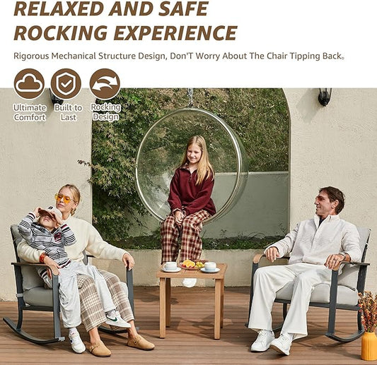 NATURAL EXPRESSIONS Glider Rocking Chair Bistro Set, 3 Pieces Outdoor Patio Furniture Conversation Set with 2 Rocker Chairs, 1 Table and Thick Cushions for Backyard, Porch, Balcony, 350lbs, Grey.