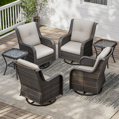 6 Pieces Outdoor Furniture Set - Patio Wicker Swivel Rocker Chair Set of 4 and 2 Side Table, Beige, Mixed Brown Rattan, Suitable for Porch, Yard