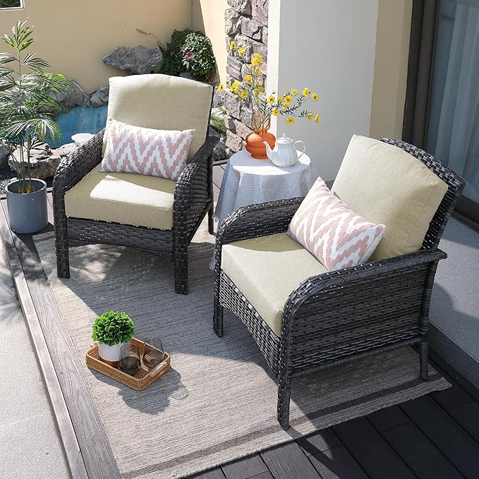 ovios 2 Pieces Patio Furniture Set, Outdoor Wicker Chairs of 2, All Weather High Back Rattan Chairs 2-Seater with Comfy Cushions for Porch Deck, Beige