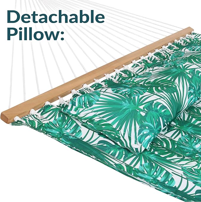 Sunnydaze Quilted Outdoor Hammock with Spreader Bars - Heavy-Duty 450-Pound Capacity Double Hammock for Outside - Green Palm Leaves