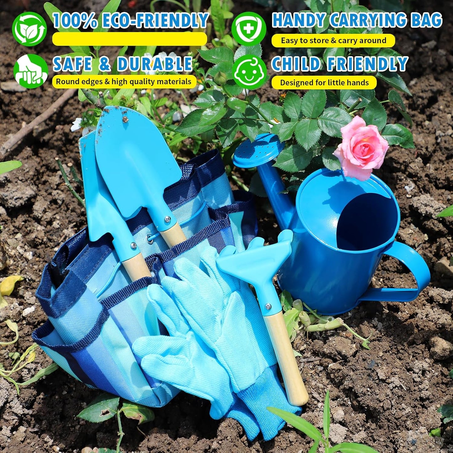 Kids Gardening Tools Set, Toddler Play Kit Child Outdoor Toy with Gloves, Watering Can, Metal Shovel, Rake, Spade & Storage Bag, Backyard Sand Digging Birthday for Boys Girls 3-5 (Blue)