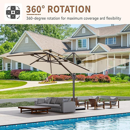 10' X 10' Cantilever Patio Umbrella Outdoor with Base Included Heavy Duty Double Top Windproof Square Offset Umbrellas with 360-degree Rotation for Pool Deck Backyard, Beige