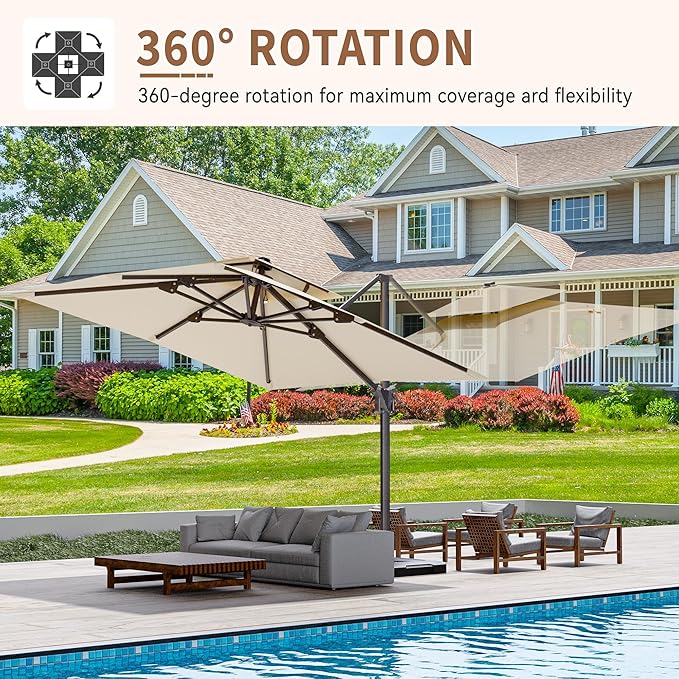 10' X 10' Cantilever Patio Umbrella Outdoor Heavy Duty Double Top Windproof Square Offset Umbrellas with 360-degree Rotation for Pool Deck Backyard, Beige
