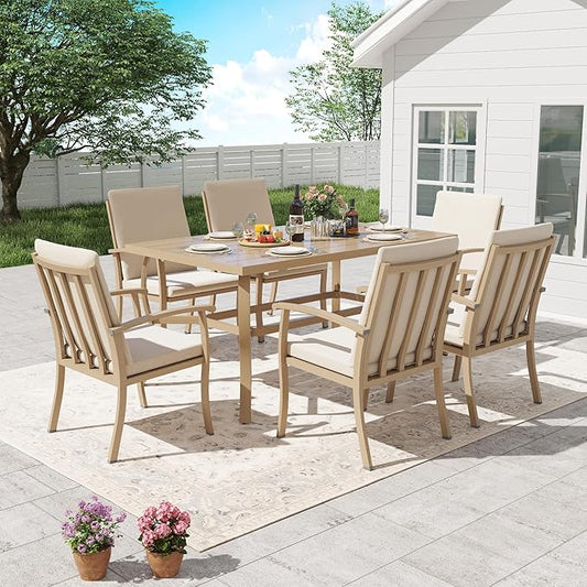 HAPPATIO 7 Piece Patio Dining Set, Aluminum Outdoor Dining Set for 6, Aluminum Dining Table and Chairs Set, Patio Furniture with Table, Chairs and Washable Cushions (Beige)