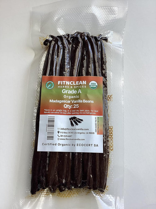 25 Organic Madagascar Vanilla Beans Grade A for Extract, Cooking and Baking by FITNCLEAN VANILLA| Certified USDA Organic. Bourbon Fresh Gourmet NON-GMO Whole Pods