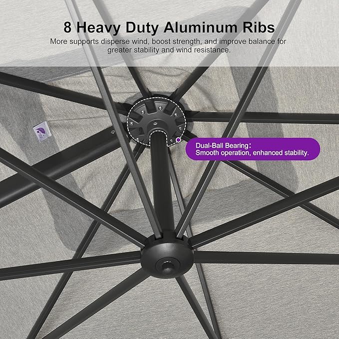 PURPLE LEAF 10' X 13' Rectangle Cantilever Umbrella with Base Outdoor Large Aluminum Patio Umbrella with 3-Year Fade Resistance Recycled Fabric and 360-degree Rotation for Deck Pool, Pebble Grey