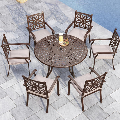 Sophia & William 7 Pieces Cast Aluminium Patio Dining Furniture Set for 6, Powder-Coating Outdoor Dining Chairs and Round Table with 2.2" Umbrella Hole for Porch Backyard Deck, Bronze