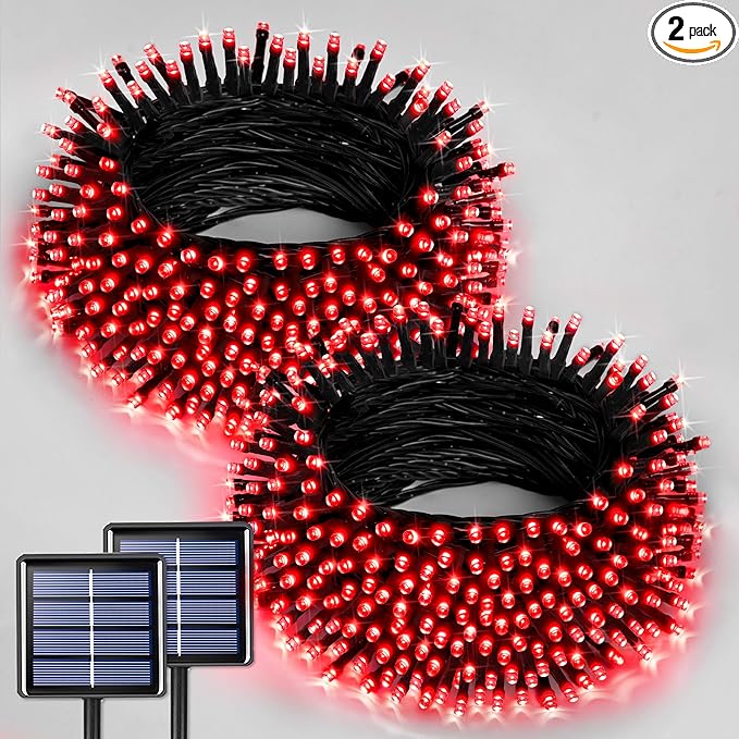 JMEXSUSS 2 Pack Red Christmas Lights, Total 400 LED 151FT Red Solar Lights Outdoor Waterproof, 8 Modes Solar String Light for Outside Yard Patio Garden Tree Decorations