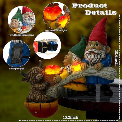 Garden Gnomes & Highland Cow with Mushroom Solar Light, Garden Gnomes Outdoor Statue Solar Yard Decorations for Patio Lawn Porch Accent (Couple Gnome Figurine)