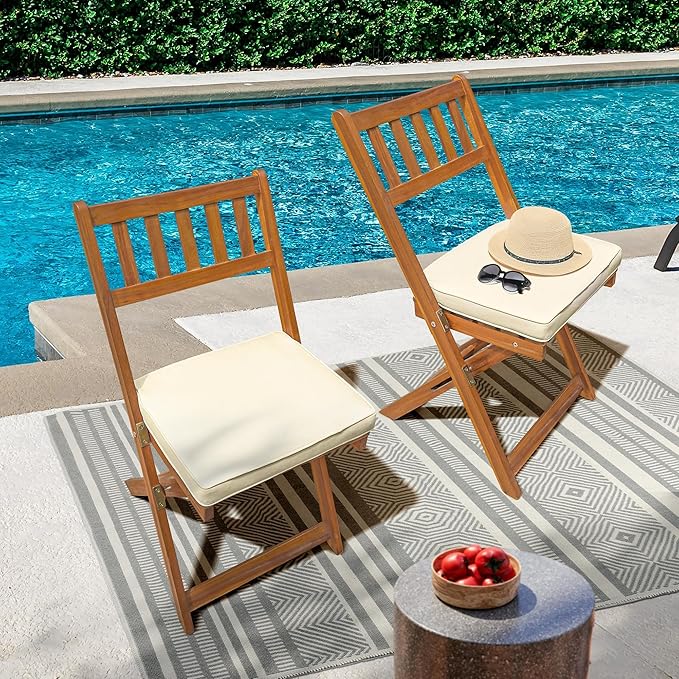 IDZO Serene Bistro Set – 2-Piece Foldable Acacia Wood Chairs with Cushions, FSC-Certified Durable Construction, Space-Saving Outdoor Seating for Balcony, Garden, Patio, or Porch