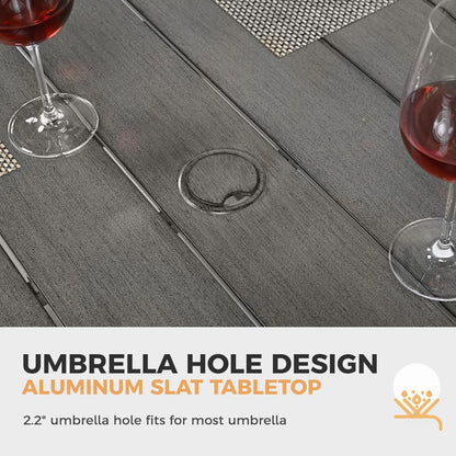 HAPPATIO Patio Dining Table for 6, Large Rectangle 60"×36.2", Patio Aluminum Slat Dining Table with 2.2" Umbrella Hole, All Weather Outdoor Table for Lawn, Garden and Poolside