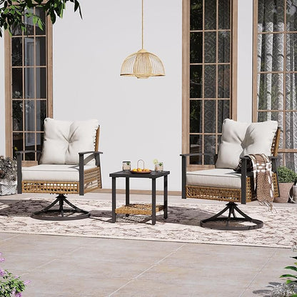LAUSAINT Home 3 Pieces Rocking Bistro Set, Wicker Patio Bistro Set with 2 Rocking Chairs and 1 Coffee Table, Outdoor Swivel Rocker Patio Chairs with Thickened Cushions for Porch, Backyard (Beige)