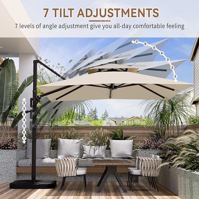 10' X 10' Cantilever Patio Umbrella Outdoor Heavy Duty Double Top Windproof Square Offset Umbrellas with 360-degree Rotation for Pool Deck Backyard, Beige