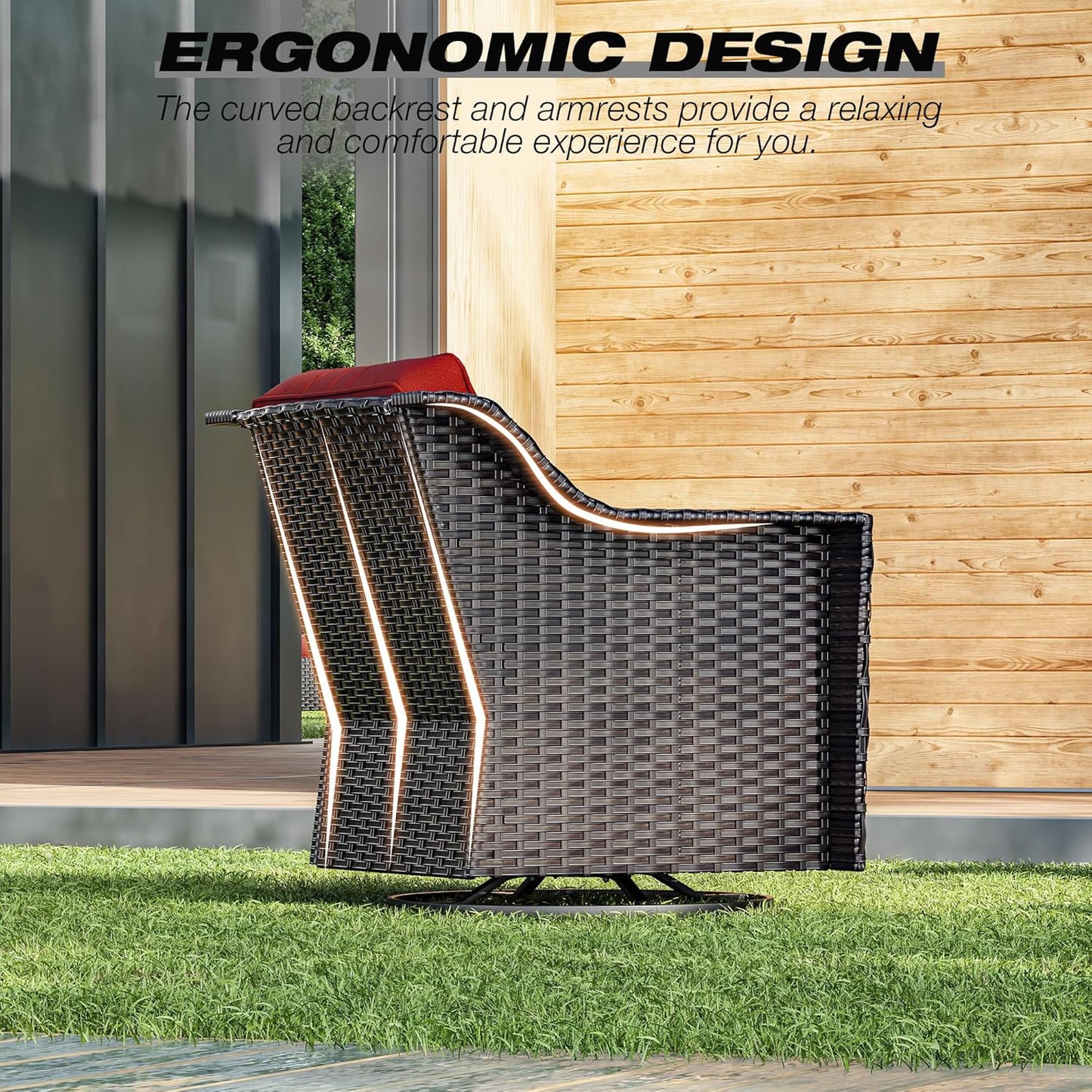 Joyside Wicker Patio Furniture Sets, 4 Pieces Upgraded Large Size Outdoor Furniture with Swivel Rocking Patio Chairs and Outdoor Ottoman, Thick Cushions, Wide Armrest