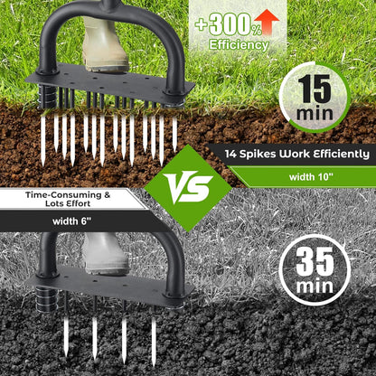 Aerator Lawn Tool: Sharp 14 Iron Spikes, Automatic Dirt Leaf Cleaning, Manual Lawn Aerators with Ergonomic T-Handle for Lawn Yard Garden Patio Soil Loosening Grass Aerating