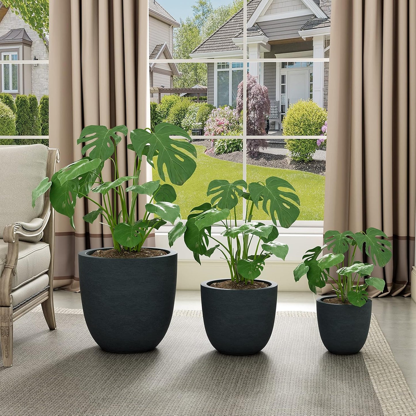 Kante 18",14",10" Dia Concrete Round Planters (Set of 3), Outdoor Indoor Large Planter Pots with Drainage Hole and Rubber Plug for Home Patio Garden, Dark Gray