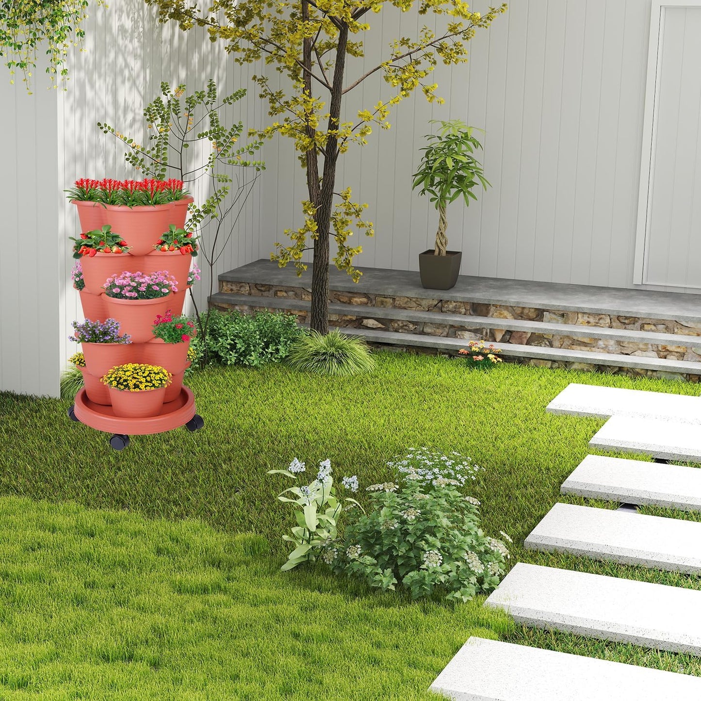 5-Tier Vertical Garden Tower Stackable Planter for Strawberries, Flowers, Vegetables & Herbs 2-Pack