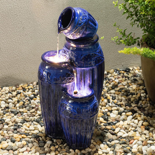 Glitzhome 27.25" H Outdoor Garden Water Fountain with LED Lights and Pump, 4 Tier Cobalt Blue Embossed Pattern Ceramic Pots Cascading Floor Standing Fountain for Porch Deck Patio Backyard Decoration