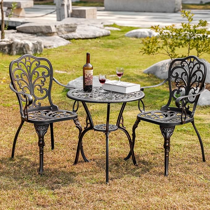 Bistro Set 3 Piece Outdoor Bistro Table and Chair Set of 2 Cast Aluminum Patio Furniture with Umbrella Hole,Patio Bistro Table Sets for Garden,Yard(Brown)