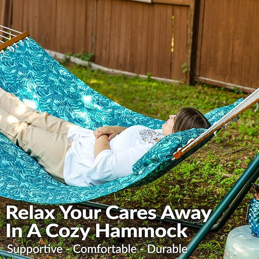 Sunnydaze Quilted Outdoor Hammock with Spreader Bars - Heavy-Duty 450-Pound Capacity Double Hammock for Outside - Cool Blue Tropics