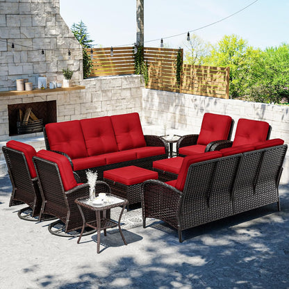 Joyside 10 Piece Patio Furniture Set, Outdoor Wicker Conversation Sets with Swivel Rocker Chairs and Sofa, Thick Cushion, Rattan Patio Sectional for Porch, Deck Use (Brown/Red, 10 PCS)
