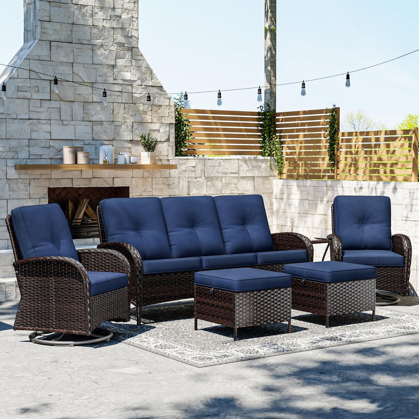 Joyside 6 Piece Patio Furniture Set, Outdoor Wicker Conversation Sets with Swivel Rocker Chairs and Sofa, Thick Cushion, Rattan Patio Sectional for Porch, Deck Use (Brown/Blue, 6 PCS)