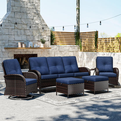 Joyside 6 Piece Patio Furniture Set, Outdoor Wicker Conversation Sets with Swivel Rocker Chairs and Sofa, Thick Cushion, Rattan Patio Sectional for Porch, Deck Use (Brown/Blue, 6 PCS)