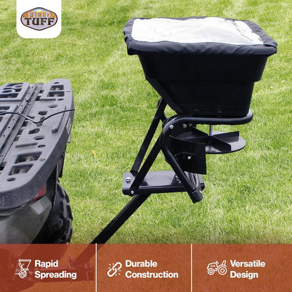 Field Tuff 12V 80 Pound Capacity Grass Seed Fertilizer Spreader with Hitch Mount Receiver and Rain Protector for ATV, UTV, or Utility Tractor
