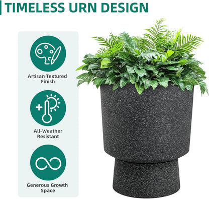 16.75"H Urn-Style Tall Planters, 2-Pack Modern Large Flower Pots for Outdoor Indoor, 2-in-1 Design Plant Containers for Garden Patio Yard Balcony Porch or Home Decor, White Terrazzo, UV-Protect