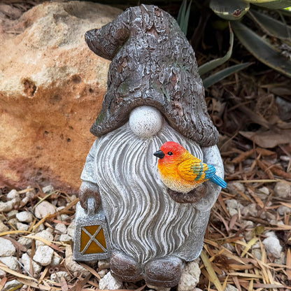 Mood Lab Garden Gnome - Stone Gnome Figurine - 9.1 Inch Tall Lawn Statue with Bird - for Outdoor or House Decor