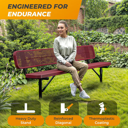 Heavy-Duty Outdoor Metal Bench, Thermoplastic-Coated, Inground, Weatherproof, Commercial-Grade for Parks, Gardens, Patios, Stores & More (8 Ft - Inground with Back, Red)